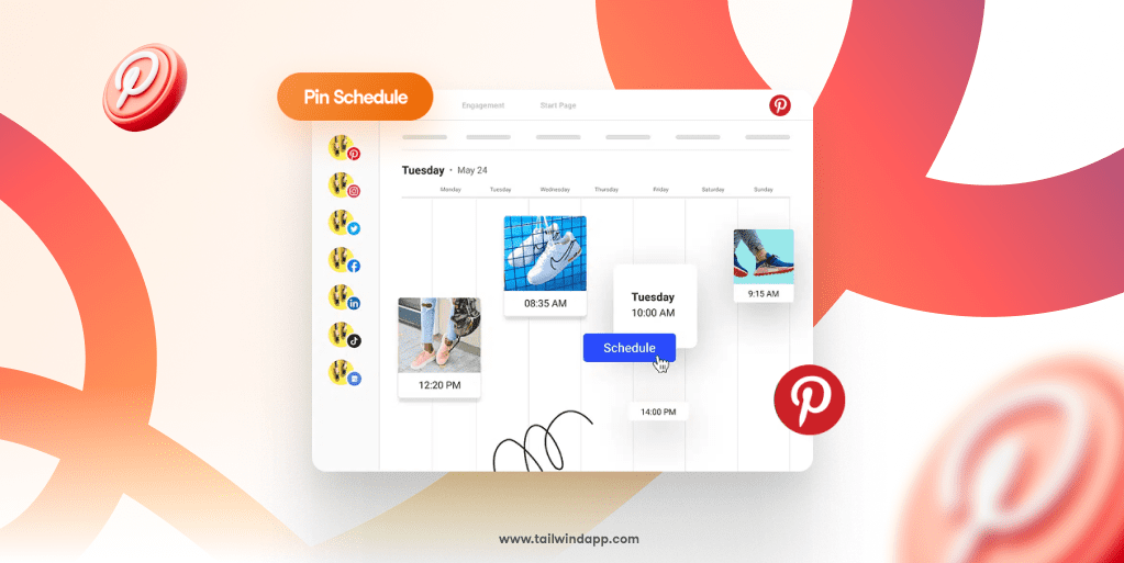 Screenshot of a pinning calendar interface with several Pins scheduled at different times of day on a pale salmon background with a multicolor swirl. Around the image are the Tailwind url (www.tailwindapp.com) and Pinterest logos.