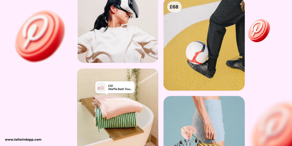 Several Pinterest Pin images: a waffle bath towel on a tub, a clutch purse being held by someone, a soccer ball being kicked, and woman wearing VR goggles on a light pink background with a large purple swoosh. Around the images are the Tailwind url (www.tailwindapp.com) and Pinterest logos.