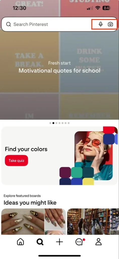 Pinterest home screen showing a search bar and highlighted options for voice and camera search. Below, a "Find your colors" quiz, with a woman wearing red sunglasses, and featured board ideas with images of nails and books.