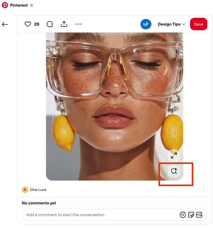 Close-up of a Pinterest Pin showing a woman's face with large clear glasses and lemon-shaped earrings. Highlighted by a red box in the lower right corner is the Explore icon, which looks like a little magnifying glass.