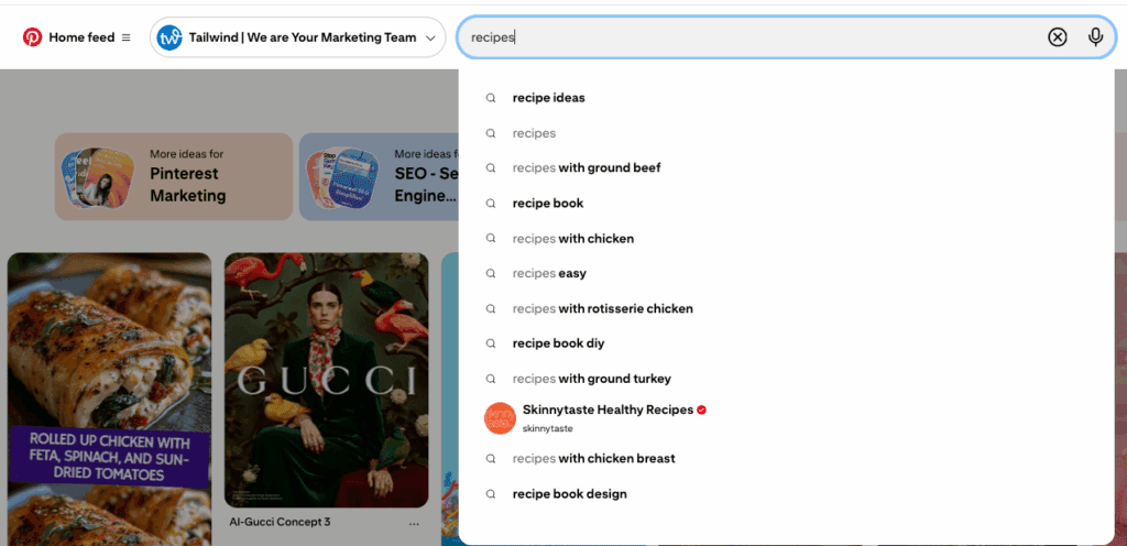Screen capture of the Pinterest mobile/web search interface. At top is the search bar with partially typed text. Just below it, a drop-down list of search suggestions appears (several possible completions or related search terms). Beneath that are thumbnail tiles of Pins that match the search, arranged in a grid. The background and UI show Pinterest’s familiar clean layout with image tiles, text overlays on some, and navigation/search controls at top.