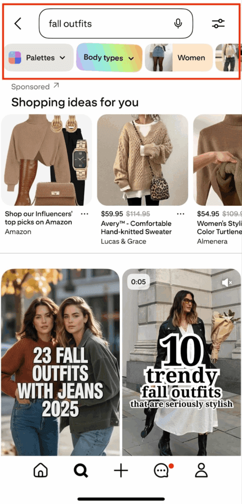 Mobile screenshot of Pinterest search results for “pumpkin pie.” The screen shows a search bar at the top with the query entered, followed by several vertical image cards of pumpkin pie recipes. Each result includes a photo of pumpkin pie and text overlays or pin descriptions, with Pinterest’s standard layout of images in a scrollable feed.