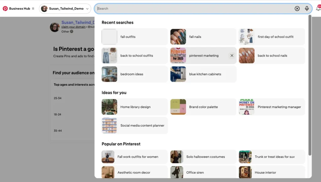 Screenshot of Pinterest desktop search interface showing recent searches like 'fall outfits,' 'fall nails,' and 'pinterest marketing,' along with personalized ideas and popular topics.