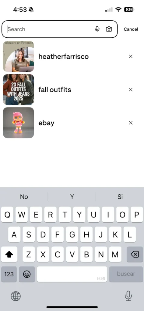 Screenshot of Pinterest mobile app search history with recent searches listed as 'heatherfarrisco,' 'fall outfits,' and 'ebay,' each with an option to delete.