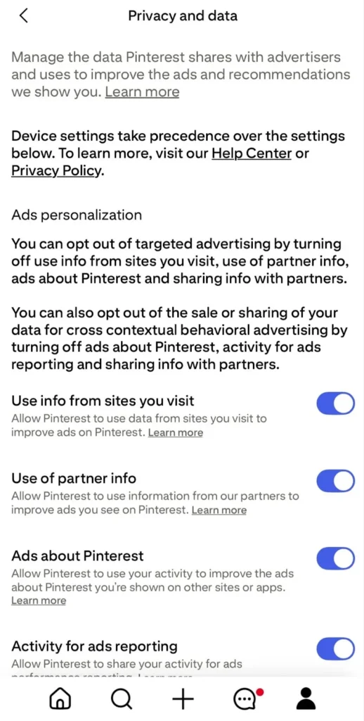 Screenshot of Pinterest privacy and data settings, showing options for ads personalization including 'Use info from sites you visit,' 'Use of partner info,' 'Ads about Pinterest,' and 'Activity for ads reporting' with toggle switches.