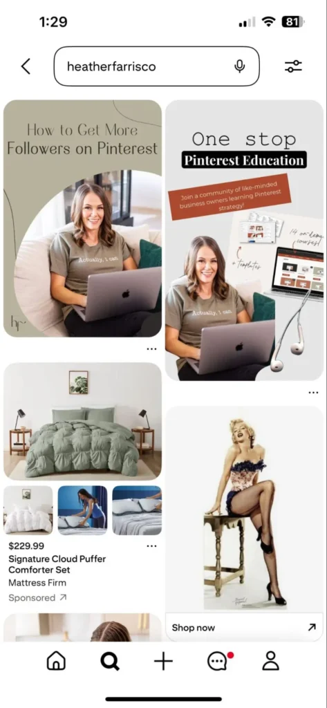 Screenshot of Pinterest search results for heatherfarrisco