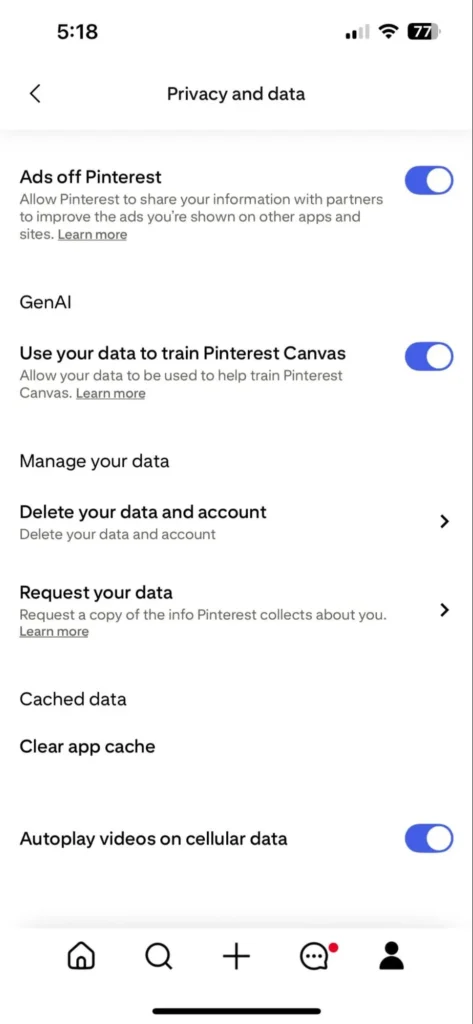 Pinterest mobile privacy and data settings screen with toggles for ads off Pinterest, data training for Pinterest Canvas, and options to manage or delete account data.