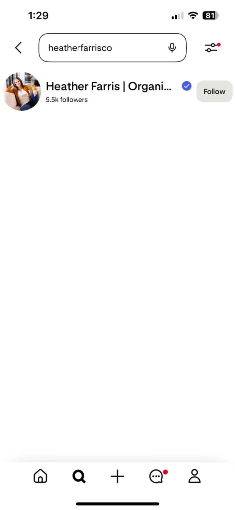 Screenshot of Heather Farris's Pinterest profile search result