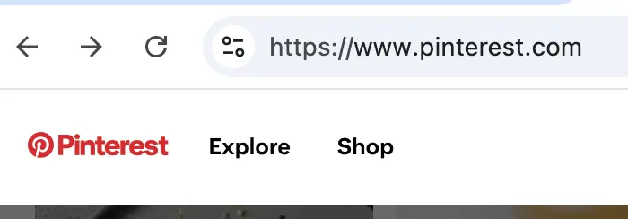 Screenshot of a web browser displaying the Pinterest homepage. The URL bar shows "https://www.pinterest.com" with "Pinterest," "Explore," and "Shop" tabs visible.