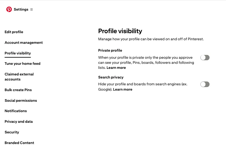 Pinterest settings page showing profile visibility options with toggles for private profile and search privacy for hiding from search engines.