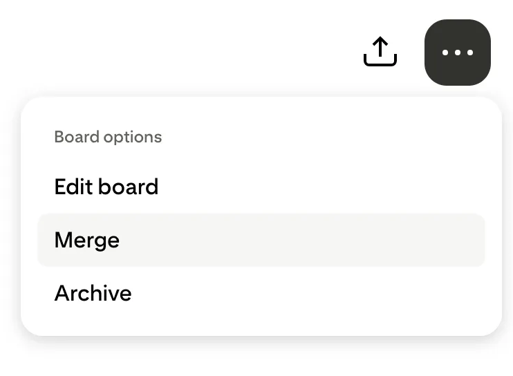 Pinterest board options menu showing options: Edit board, Merge, and Archive.