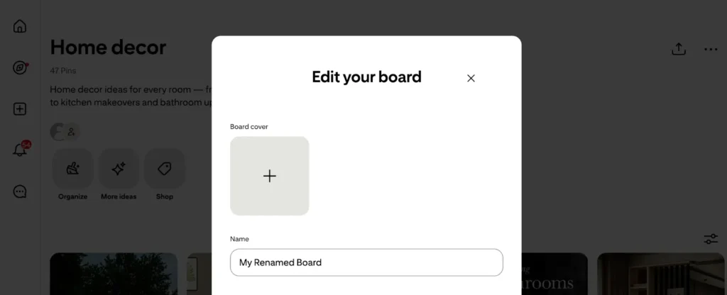 Pinterest board edit screen with board cover placeholder and renamed board field filled with 'My Renamed Board'.