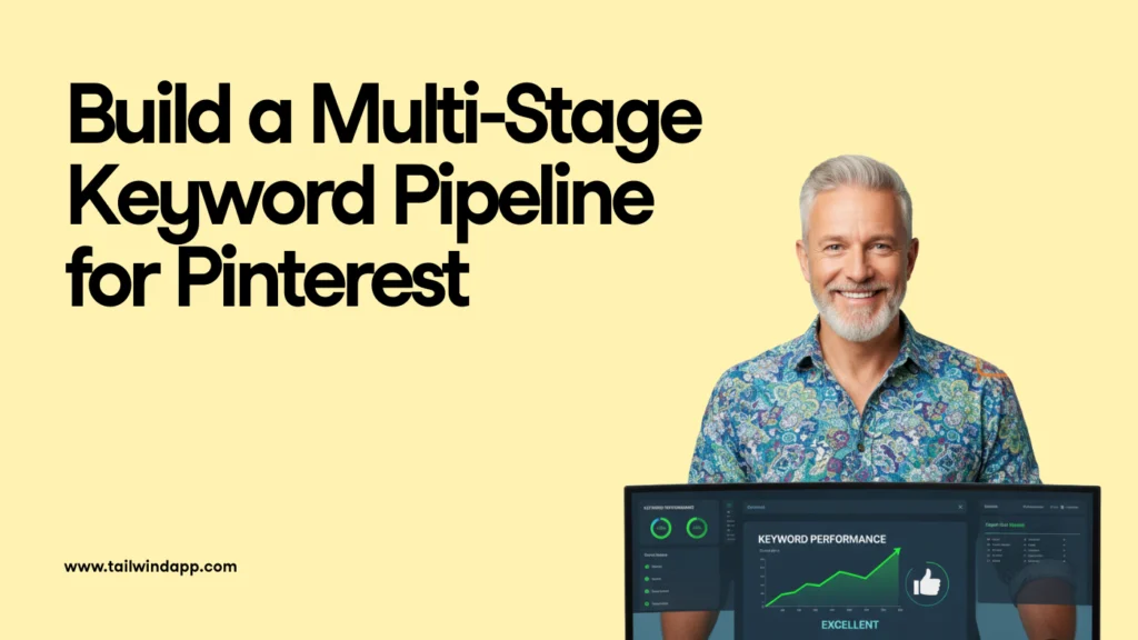 Banner with text “Build a Multi-Stage Keyword Pipeline for Pinterest” featuring a man presenting keyword performance data, representing Pinterest SEO analysis and workflow.