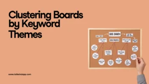 Corkboard diagram labeled “Hub Board” with connected strings showing head, mid-tail, and long-tail terms, visualizing clustering Pinterest boards by keyword themes.