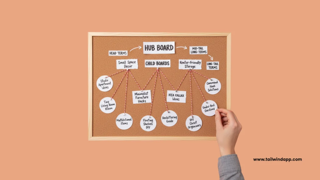 Banner with text “Clustering Boards by Keyword Themes” beside a hand arranging a corkboard map of Pinterest board keyword relationships.