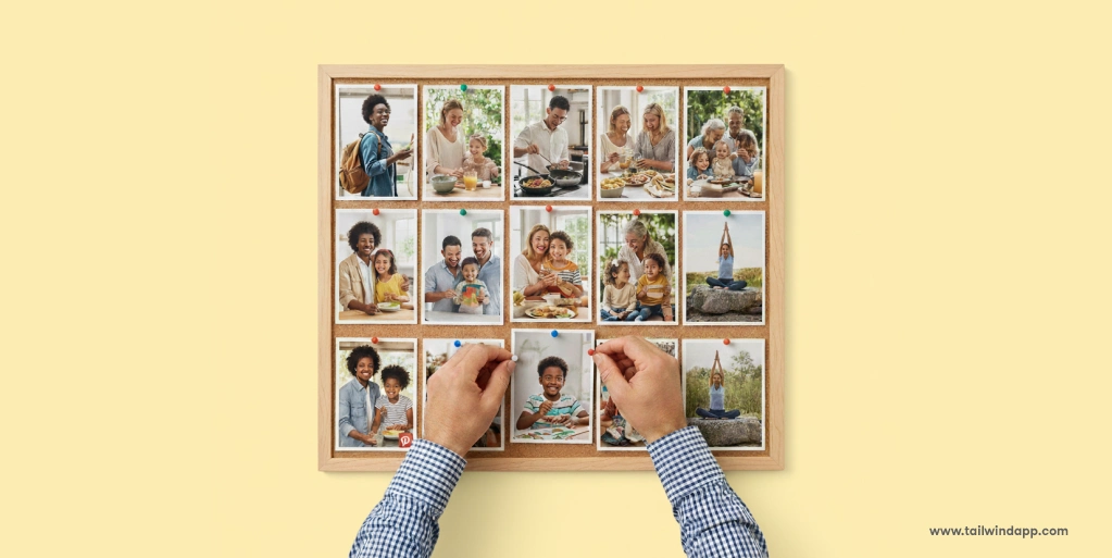 A blog banner image showing a pair of hands pinning a photo of a smiling child onto a corkboard filled with other lifestyle photos. This image is part of a tutorial about how to create a board on Pinterest.