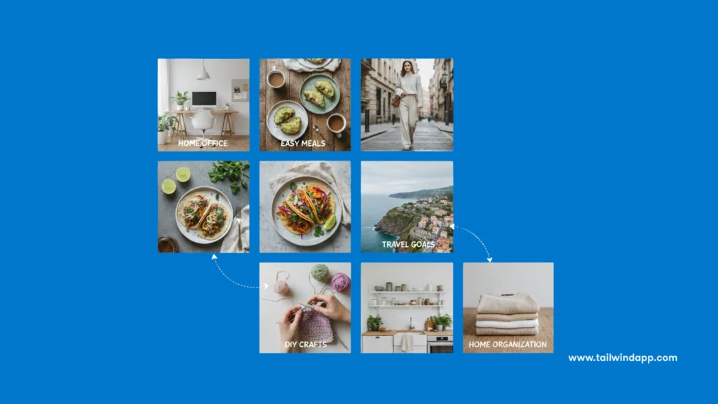 Pinterest board strategy layout showing multiple example boards organized by topics like Home Office, Easy Meals, Travel Goals, and Home Organization.
