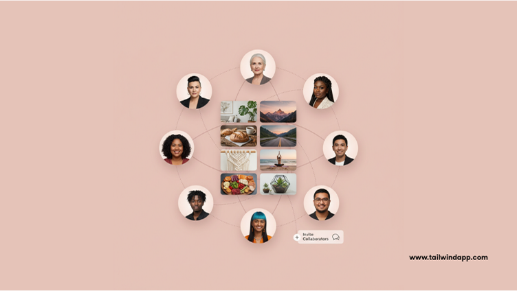 Visual showing multiple user profile photos connected around shared Pinterest boards, symbolizing Pinterest group boards and how to join, create, or leave them.