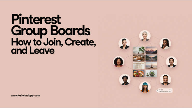 Banner with text “Pinterest Group Boards: How to Join, Create, and Leave” and an illustration of collaborators linked to shared Pinterest boards in a connected network.