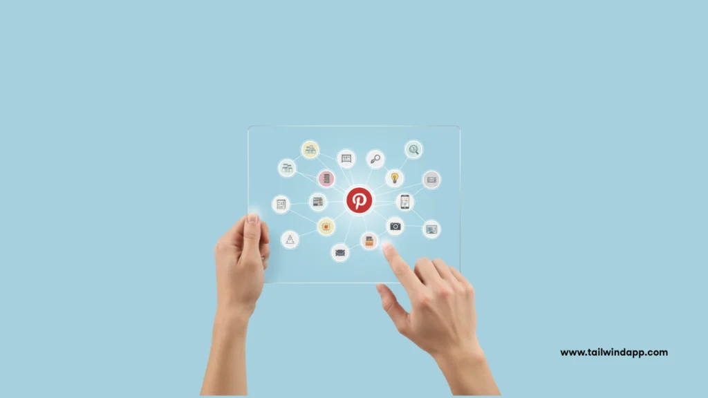 Hands holding a transparent screen displaying interconnected Pinterest icons, representing the use of latent semantic keywords to connect related topics.