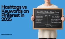 Banner with text “Hashtags vs Keywords on Pinterest in 2025” featuring a chalkboard illustrating the shift from hashtag-based to keyword-focused Pinterest strategies.