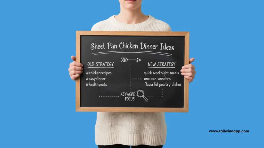 Person holding a chalkboard comparing old Pinterest hashtag strategies like “#chickenrecipes” and “#easydinner” with new keyword strategies such as “quick weeknight meals” and “one pan wonders.”