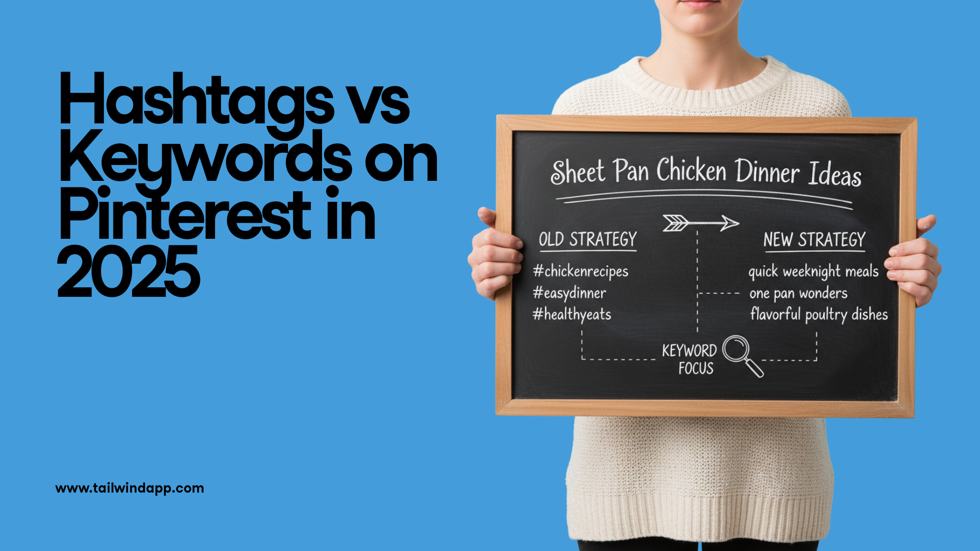 Banner with text “Hashtags vs Keywords on Pinterest in 2025” featuring a chalkboard illustrating the shift from hashtag-based to keyword-focused Pinterest strategies.