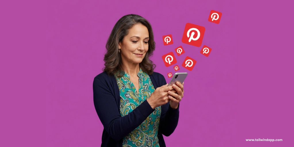 Smiling woman using her phone with floating Pinterest icons, symbolizing a strategy to get more Pins from one blog post using multiple URLs.