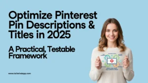 Banner with text “Optimize Pinterest Pin Descriptions & Titles in 2025 – A Practical, Testable Framework” featuring a woman holding a Pinterest SEO optimization chart showing title, keyword, and performance strategy.