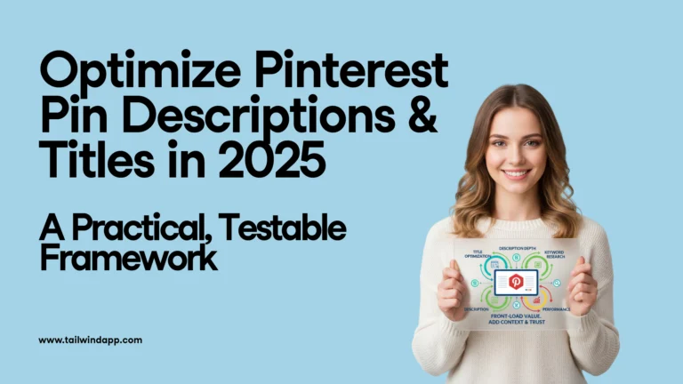 Banner with text “Optimize Pinterest Pin Descriptions & Titles in 2025 – A Practical, Testable Framework” featuring a woman holding a Pinterest SEO optimization chart showing title, keyword, and performance strategy.