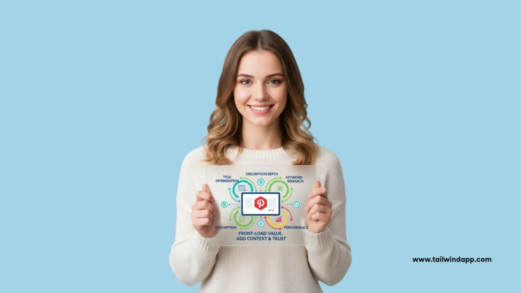 Smiling woman in a white sweater holding a Pinterest optimization framework diagram labeled “Front-load value, add context & trust,” representing how to optimize Pinterest Pin descriptions and titles.