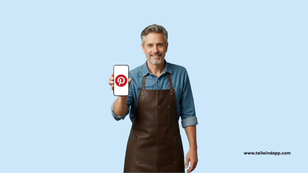 Banner with text “Pinterest Scheduling: Tips for Local & Niche Businesses” featuring a man in an apron holding a phone showing the Pinterest logo, symbolizing local business marketing.