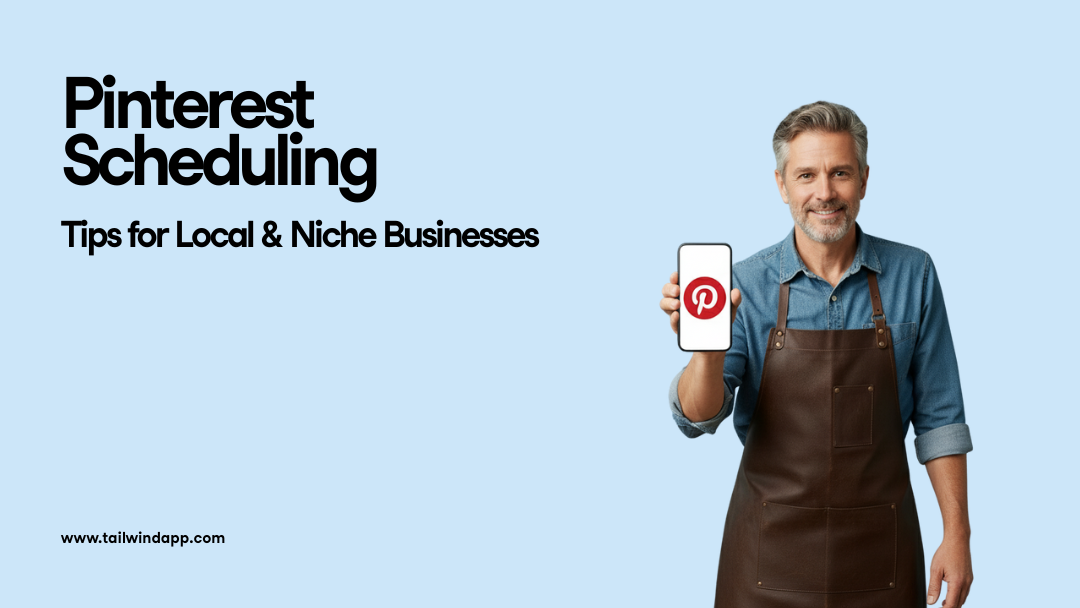 Man wearing an apron holding a smartphone displaying the Pinterest logo, representing Pinterest scheduling for local and niche businesses.