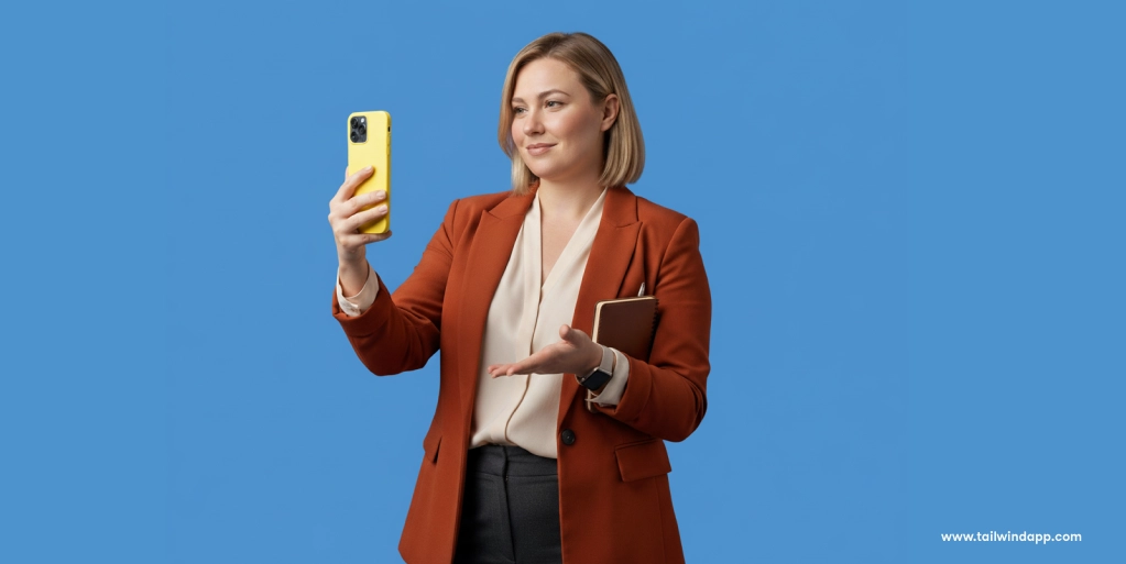 Professional woman in orange blazer holding a yellow smartphone and notebook, representing Pinterest search trends for market insights.