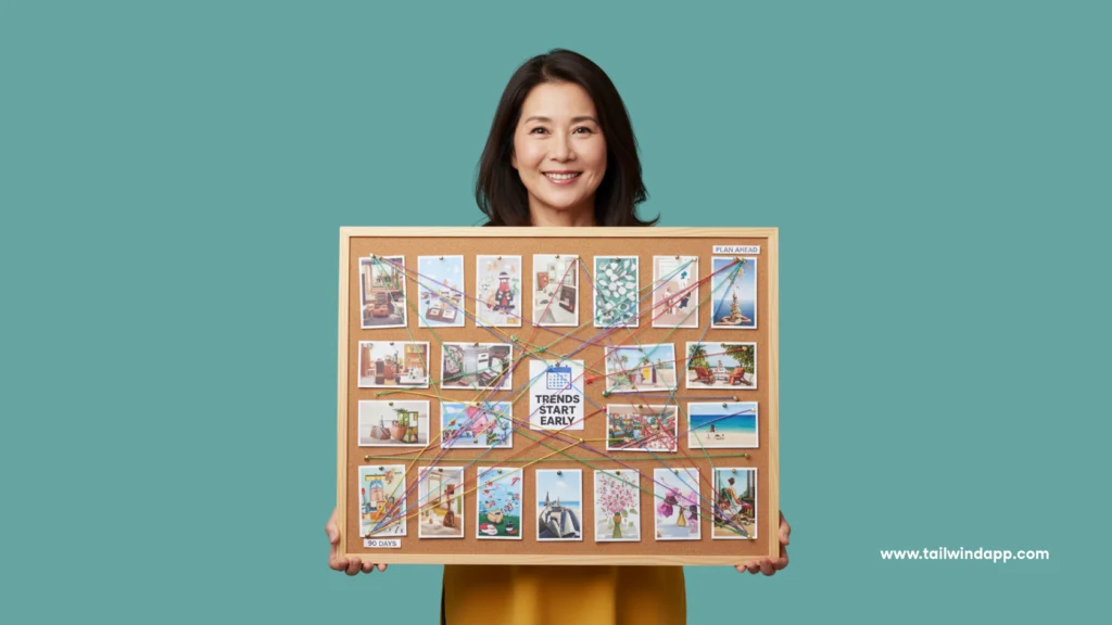 Smiling woman holding a corkboard covered in pinned images and strings labeled “Trends Start Early,” representing early planning for Pinterest seasonal search trends.