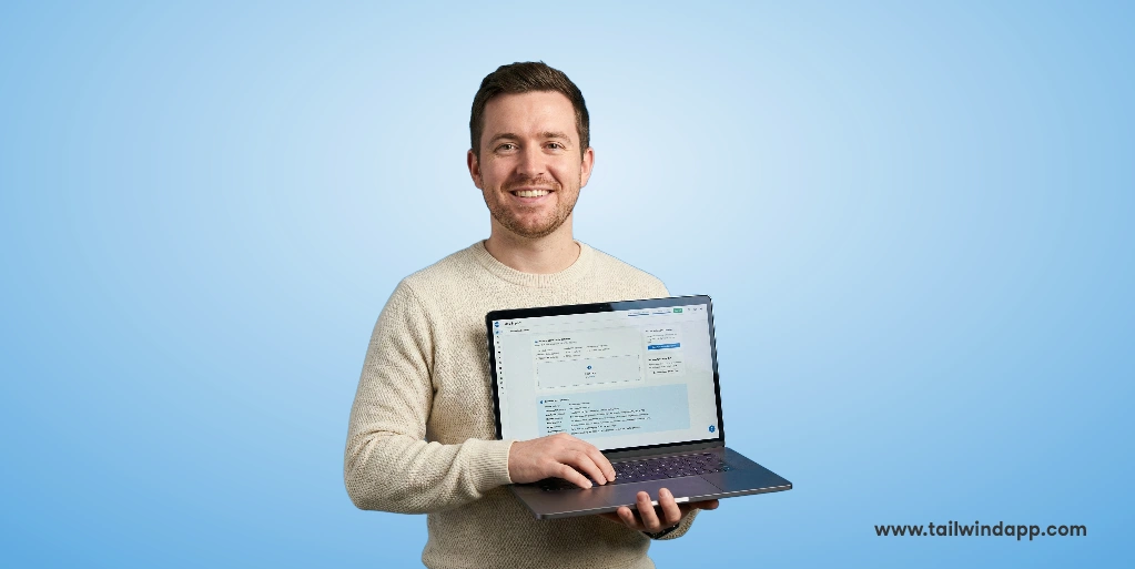 Man holding a laptop displaying Tailwind's CSV import feature on a blue background.