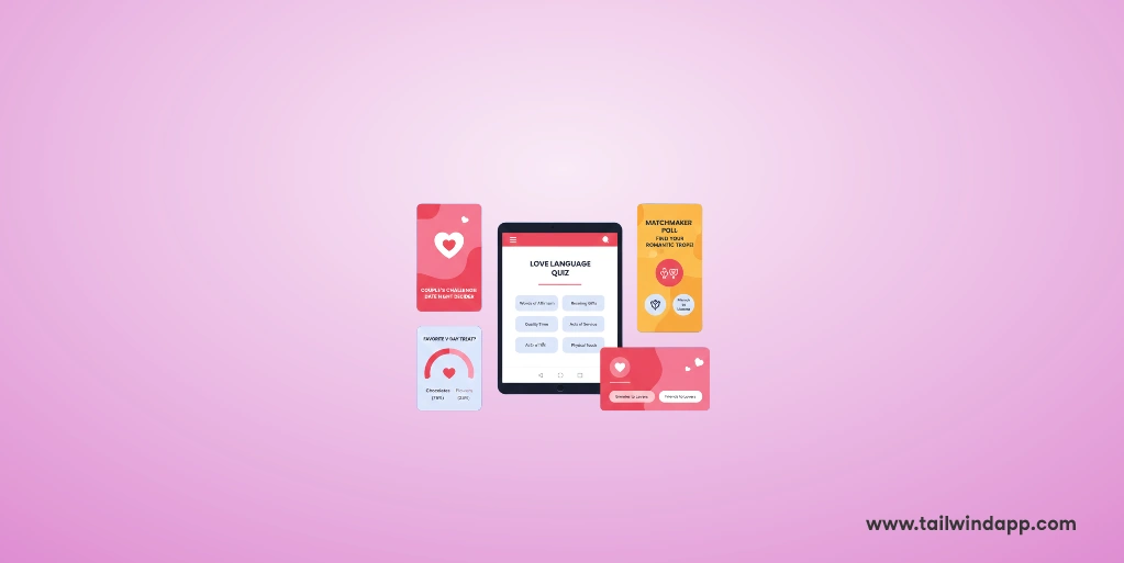Valentine-themed app screens with quizzes and messages on a pink background.