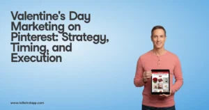 Man holding tablet displaying Valentine's Day Pinterest marketing content.