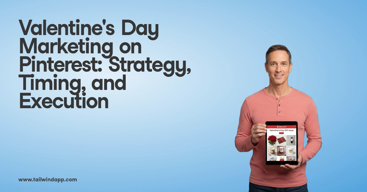 Man holding tablet displaying Valentine's Day Pinterest marketing content.