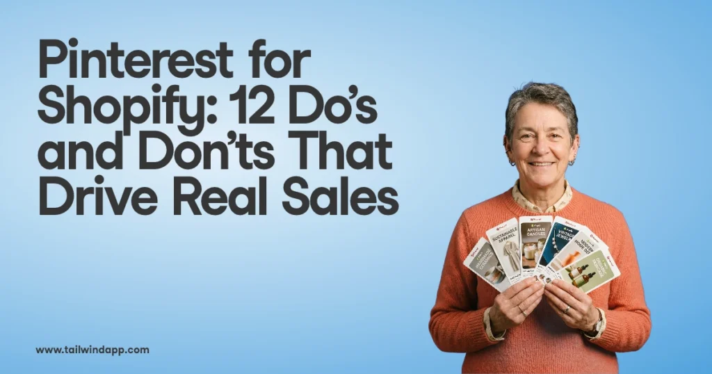 Smiling person holding Pinterest cards, next to text about Pinterest for Shopify sales tips.
